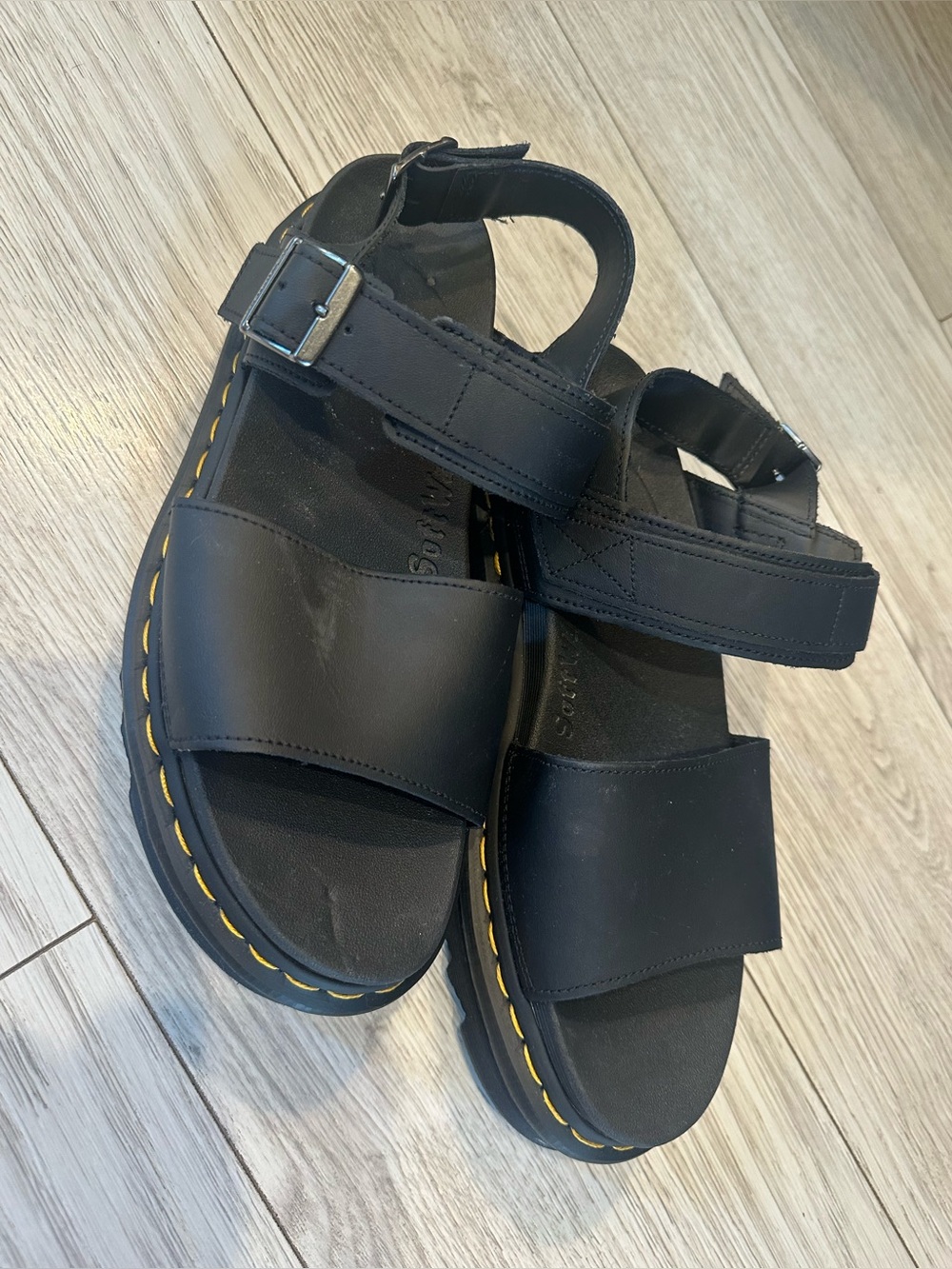 Dr. Martens Black Leather Womens size 9 Sandals with Yellow Stitching